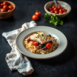 Ілюстрація для страви «Тарілка з тріскою, кус-кусом і оливками»