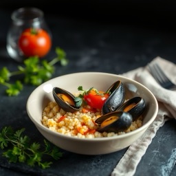 Ілюстрація для страви «Миска з кус-кусом, мідіями і помідором»